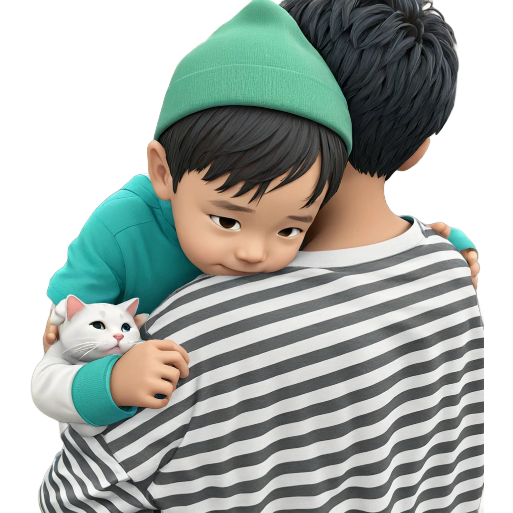 boy hugging cat under tree emoji