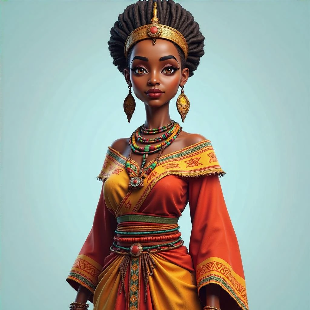 Create me a Stylized 3D Character Art of an beautiful Ethiopian Queen wearing traditional modern Ethiopian Habesha dress for a Strategy Game. Make it have a balance of realism and caricature. Make the image a portrait size  emoji