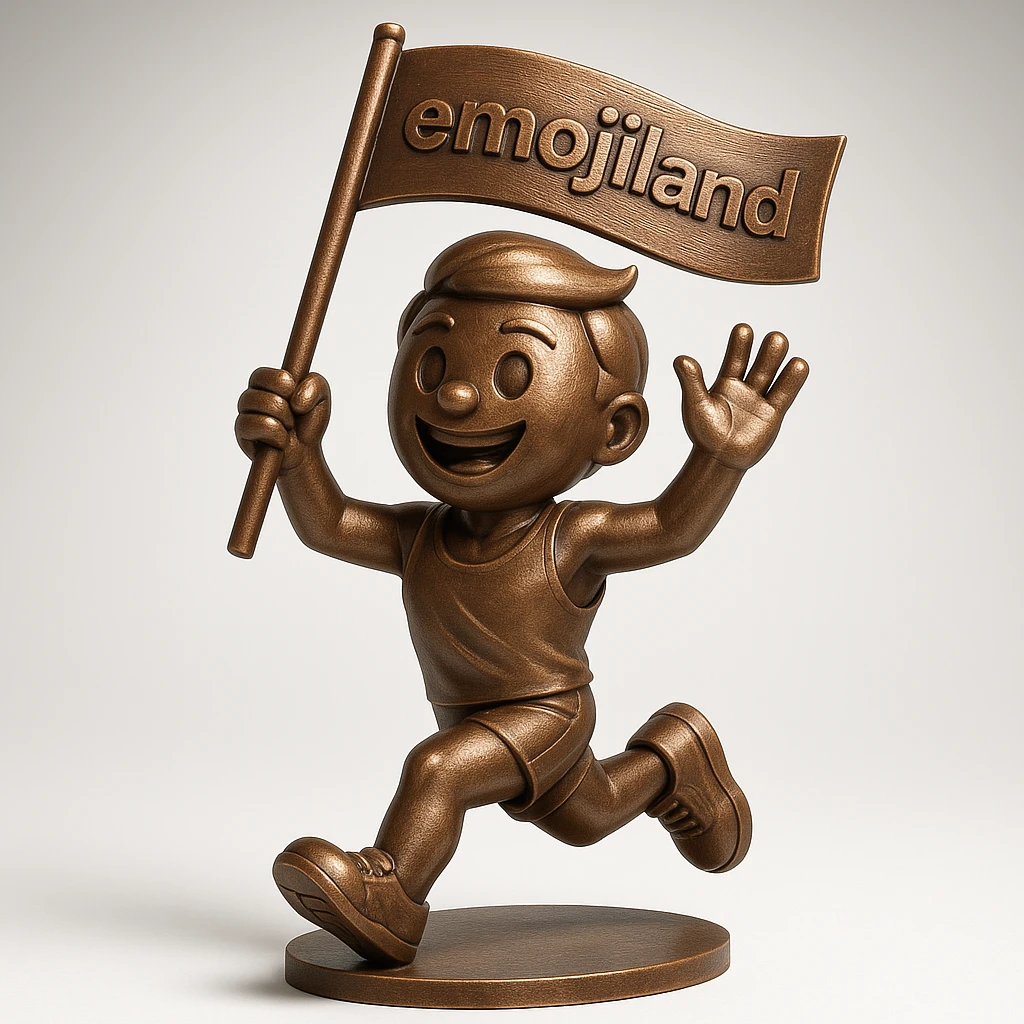 happy runner waving a flag that says 'emojiland' emoji