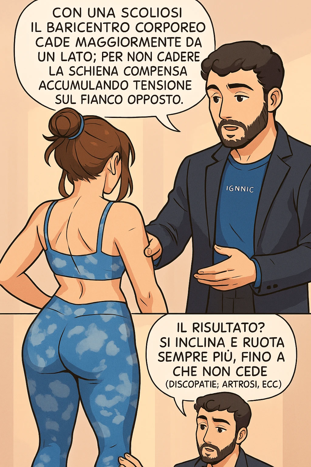 fai questa immagine in versione manga/webtoon a colori, il manga mostra la donna di spalle, mentre l'uomo le tocca la spina dorsale per spiegarle come funziona la scoliosi:
Con una scoliosi il baricentro corporeo cade maggiormente da un lato; per non cadere la schiena compensa accumulando tensione sul fianco opposto.
Il risultato? Si inclina e ruota sempre più, fino a che non cede (discopatie, artrosi, ecc) emoji