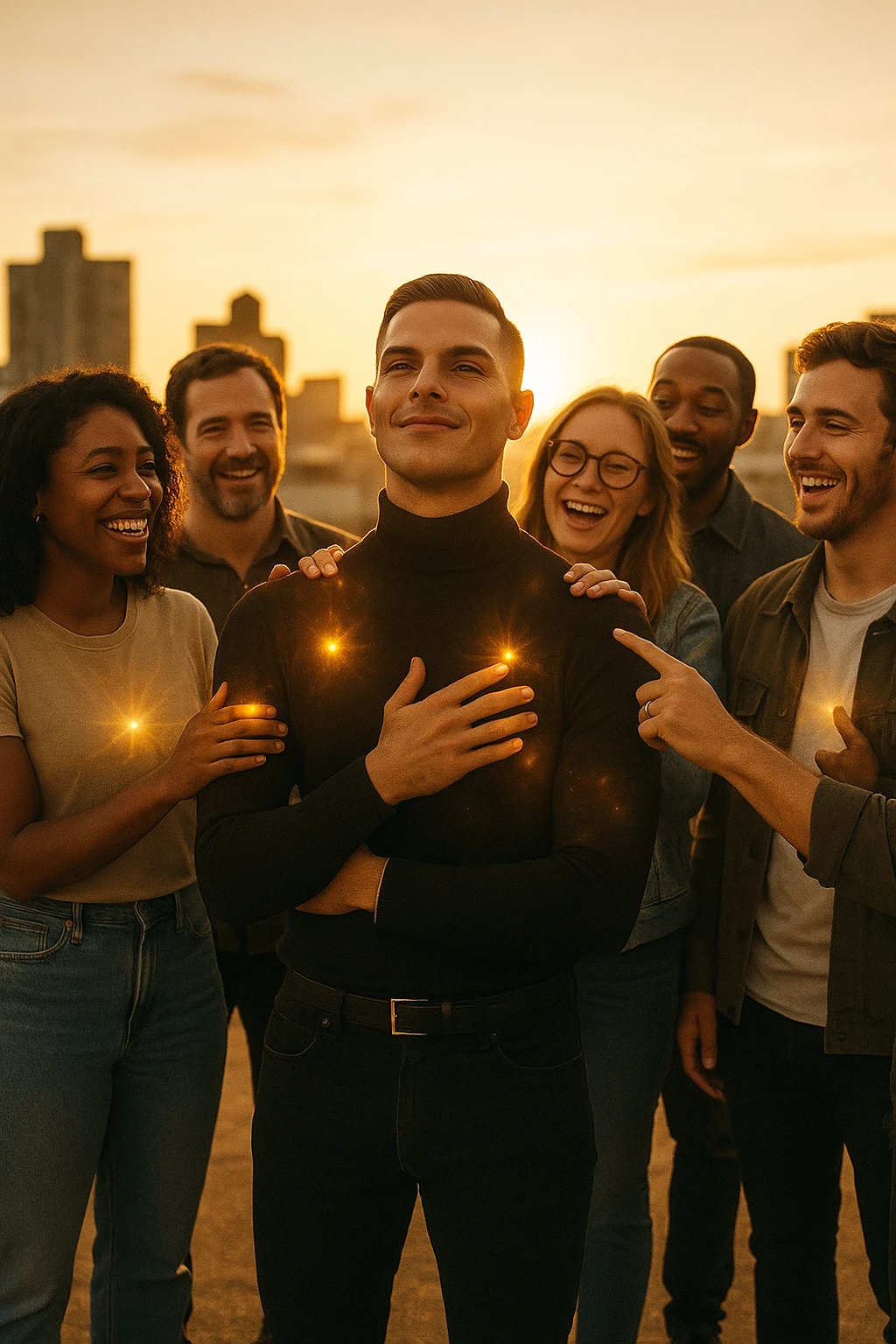 A cinematic scene of a man in his early 30s standing at the center of a sunlit urban rooftop during golden hour, surrounded by a diverse group of supportive, smiling people — friends, mentors, colleagues. They’re standing slightly behind or beside him, hands on his shoulder or gesturing toward him with encouragement. The man looks forward with a confident, inspired expression, body slightly relaxed, as if something inside di lui sta cambiando. The light behind the group forms a halo effect, emphasizing warmth and unity. Subtle visual symbolism: faint glow around their hands and hearts, suggesting their energy is uplifting him. Realistic clothing, modern style — jeans, T-shirts, casual jackets. The mood is inspiring, grounded, and full of potential. Shot in 35mm film style, with rich warm tones, shallow depth of field, and vibrant human detail. emoji