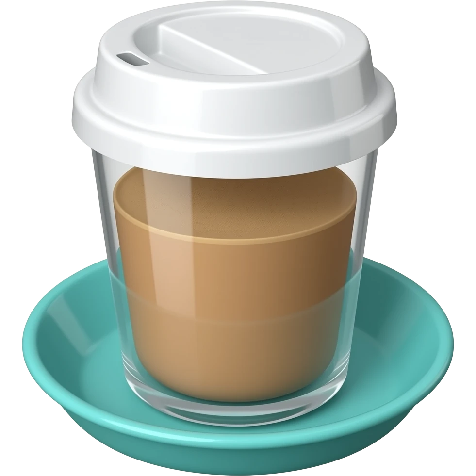 стиль смайлика Apple, стакан кофе на вынос, белая крышка, бирюзовый картонный подстаканник, чистый минималистичный дизайн, мягкое освещение, изолирован на белом фоне emoji