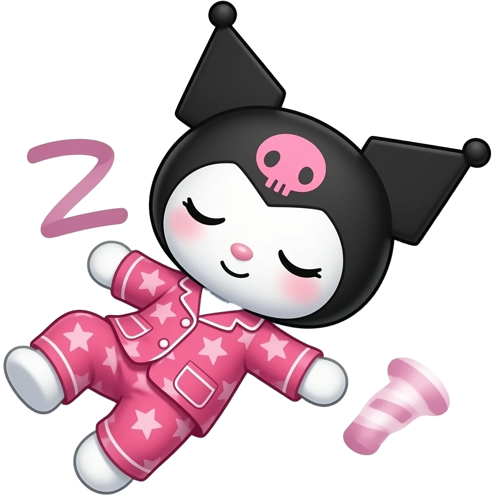 brown skin tone kuromi in hot pink pajamas falling asleep emoji