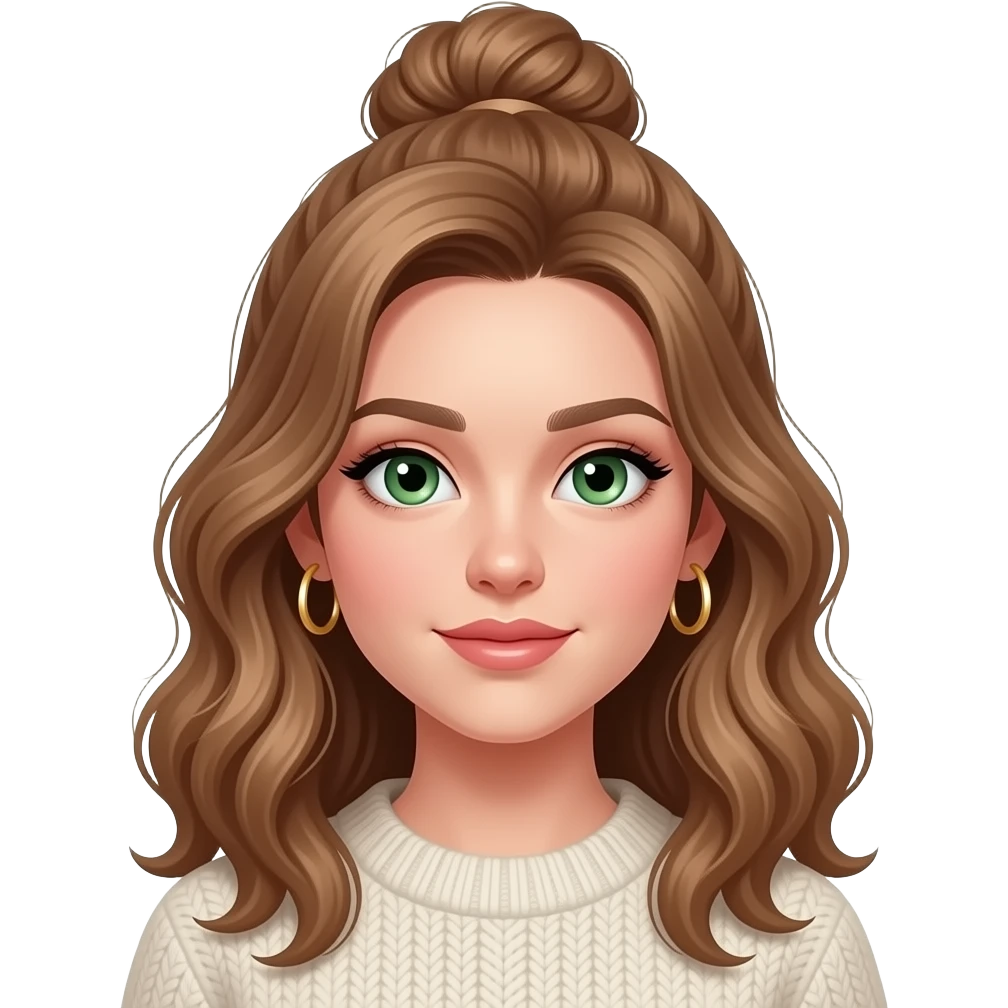 fille cheveux bruns clair 18 ans, yeux verts, cheveux en chignon haut ondulés,maquillage, botox, pull, anneaux dorés aux oreilles emoji