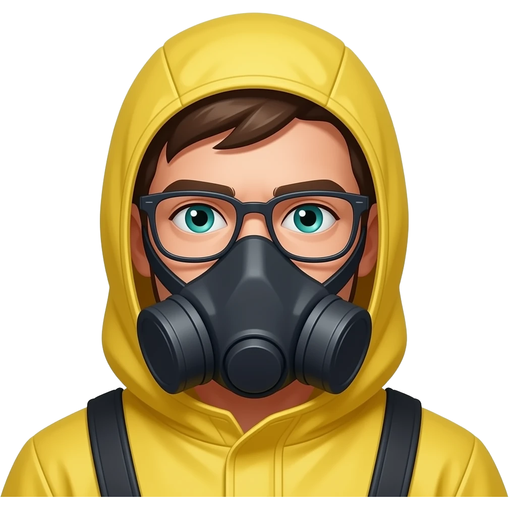white man dark brown hair blue green eyes and thin glasses yellow hazmat suit with hood on and mask emoji