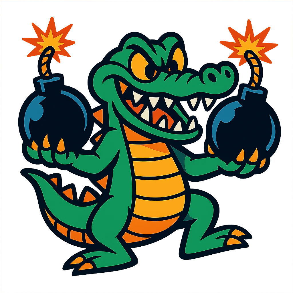 a crocodile holding cartoon bombs, mischievous expression, comic style, vibrant colors, energetic, fun illustration emoji