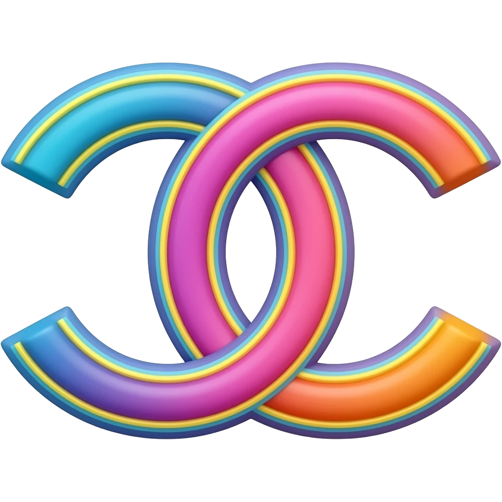 name "Chanel" in blue pink orange 3D style typography lettering, each color of the rainbow as a border outlined around each letter, isolated, 3d rendering, no emoji icons no emoji faces and must have no human figures emoji