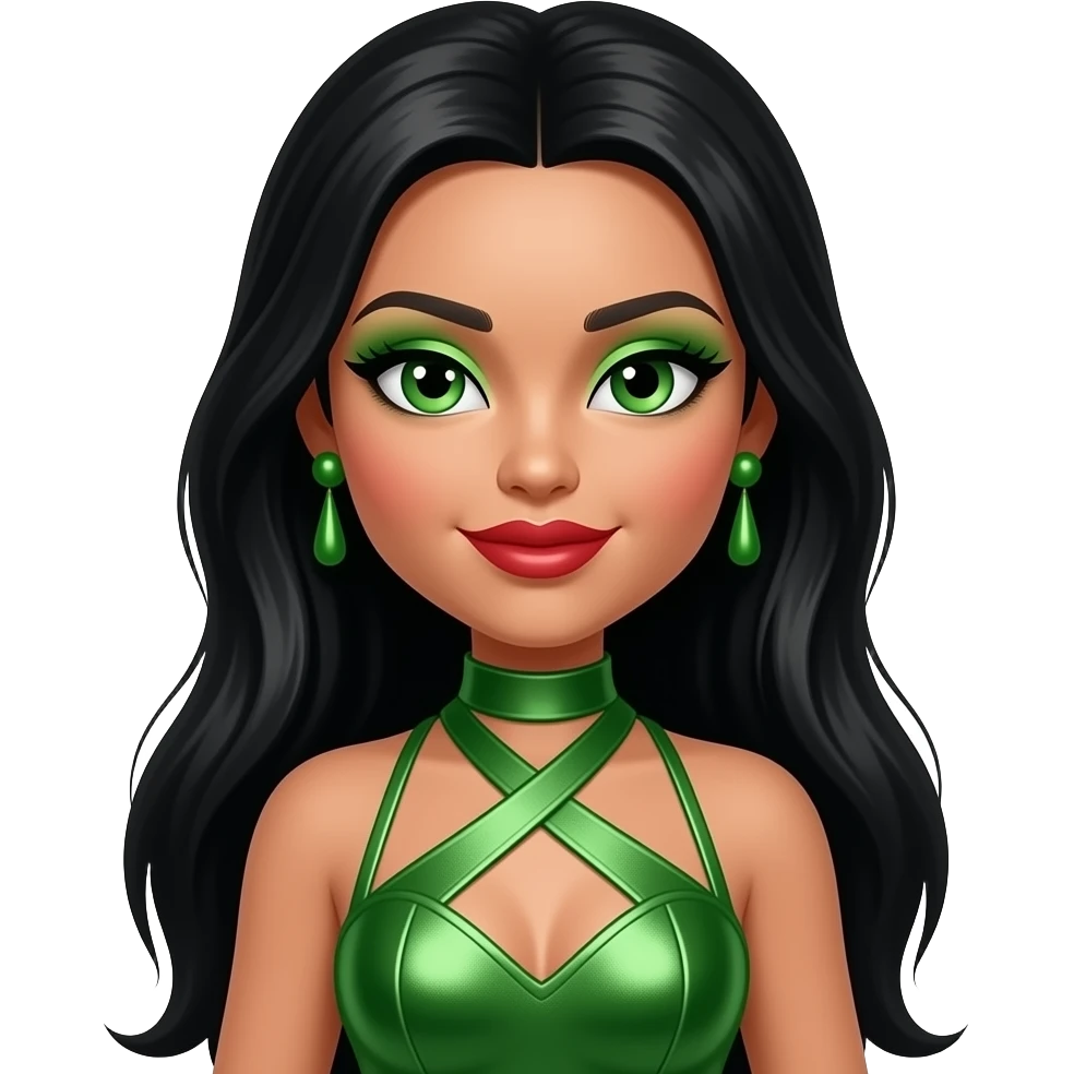 Jade from Bratz with green eyes, long black hair, green eyeshadow, red lipstick, green metallic halter dress, green earrings emoji
