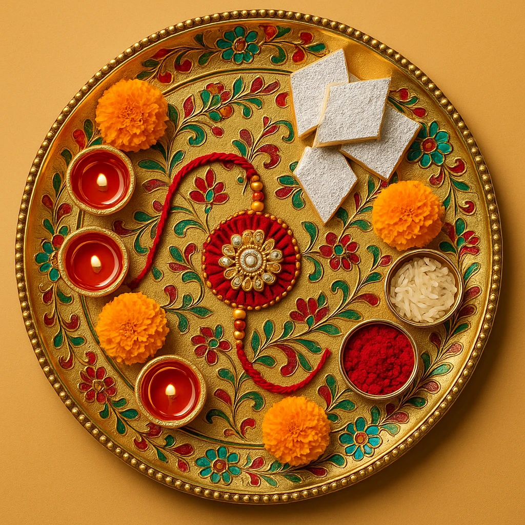 A rakhi thali with intricate floral patterns, colorful embellishments, and festive elements emoji