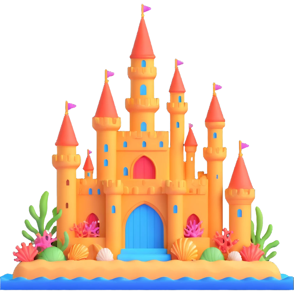 Ariel's underwater castle from The Little Mermaid, golden spires, colorful coral, seashell architecture, bubbles emoji