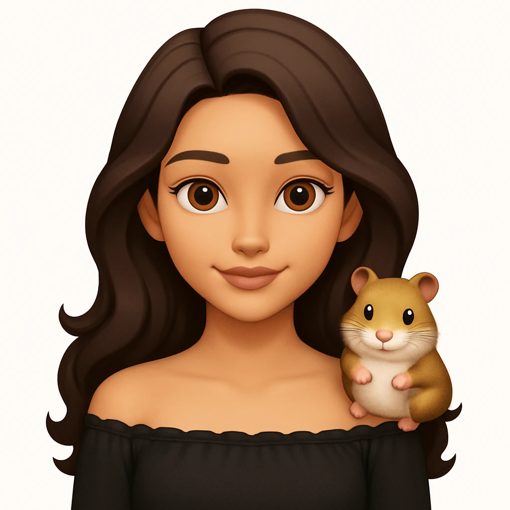 Add a cute hamster sitting on her shoulder, keeping the modern, clean, warm style and the original background. emoji
