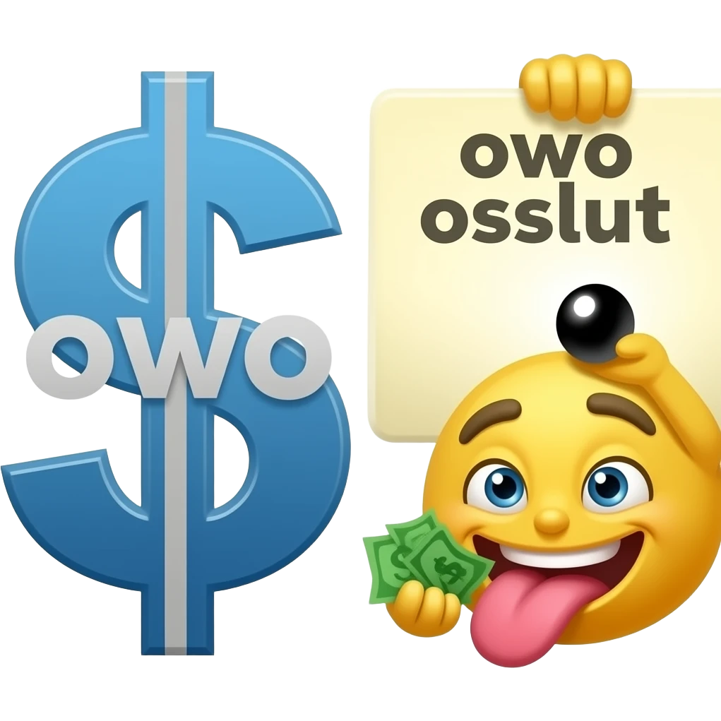 Yellow emoji with cash & coin tongue holding up a sign that says "owo slut" blue dollar with gray stripe in middle that's says "owo" across left side emoji