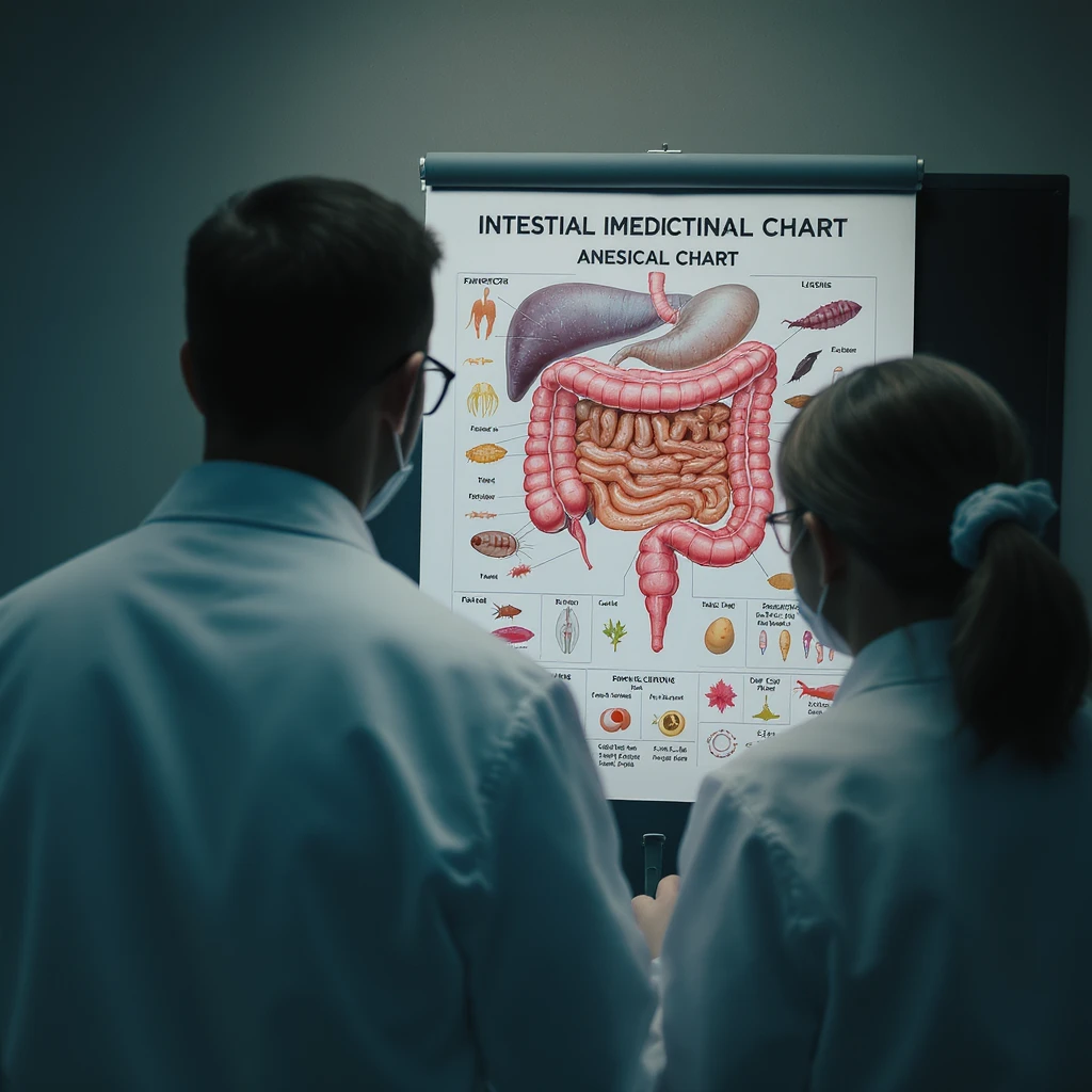 realistic cinematic photo from behind of two doctors in white coats, studying a large medical chart with detailed intestinal parasites, dramatic clinical lighting, 2:3 aspect ratio emoji