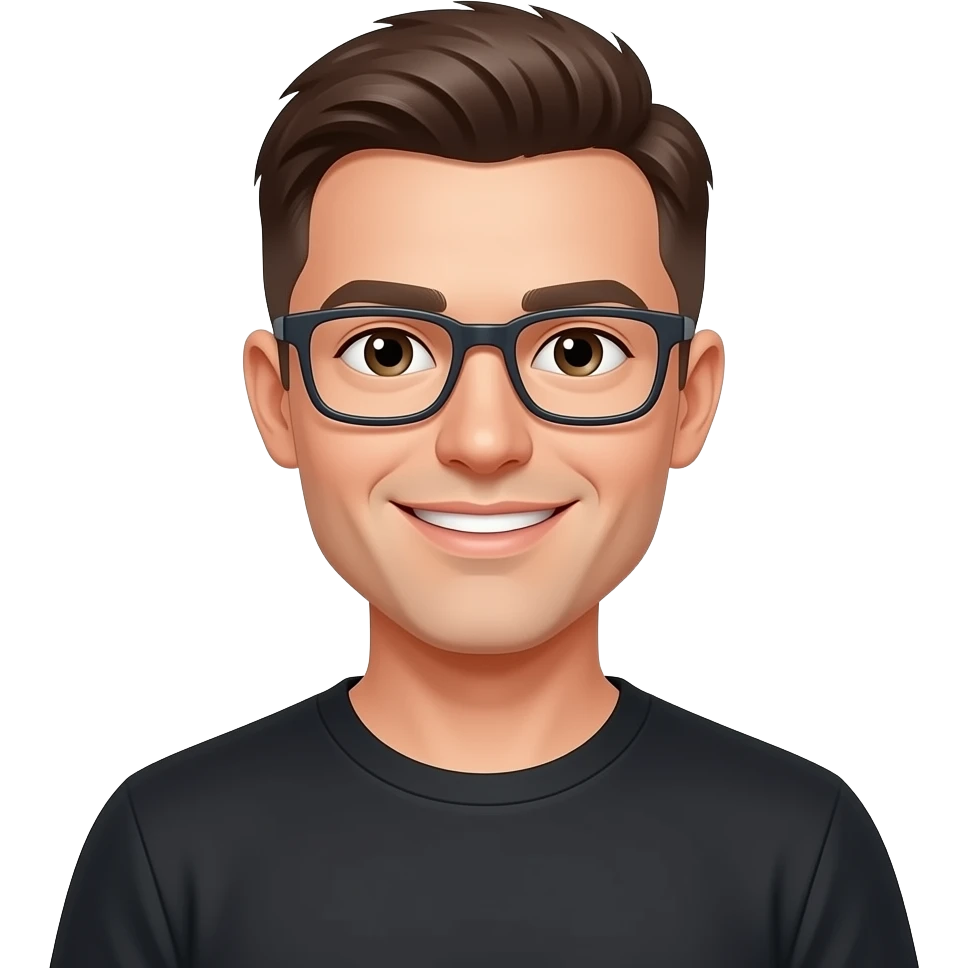 skinny man, with rectangle glasses, white skin, with very modern all top flat short hairstyle, nice smile, wearing blacktshirt emoji