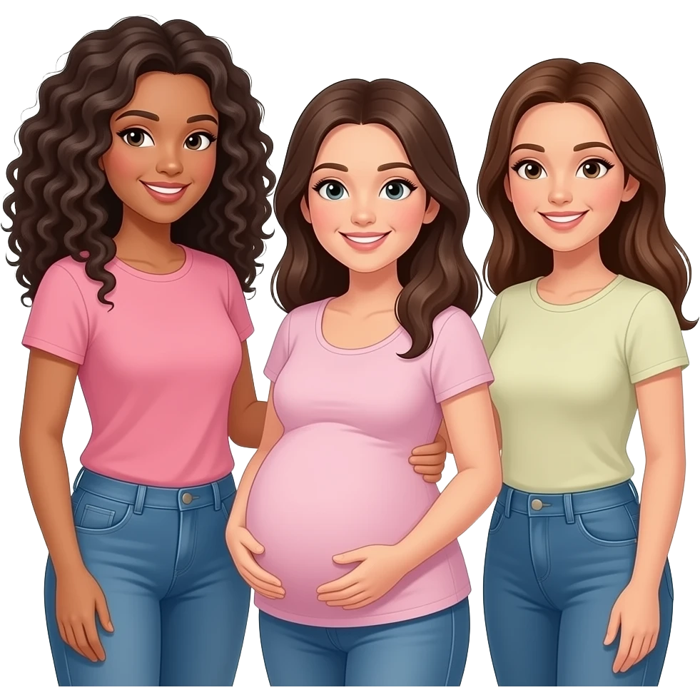 3 Caucasian girl  friends 1 tall with long curly dark hair, 1 brunette hair pregnant,  1 brunette emoji
