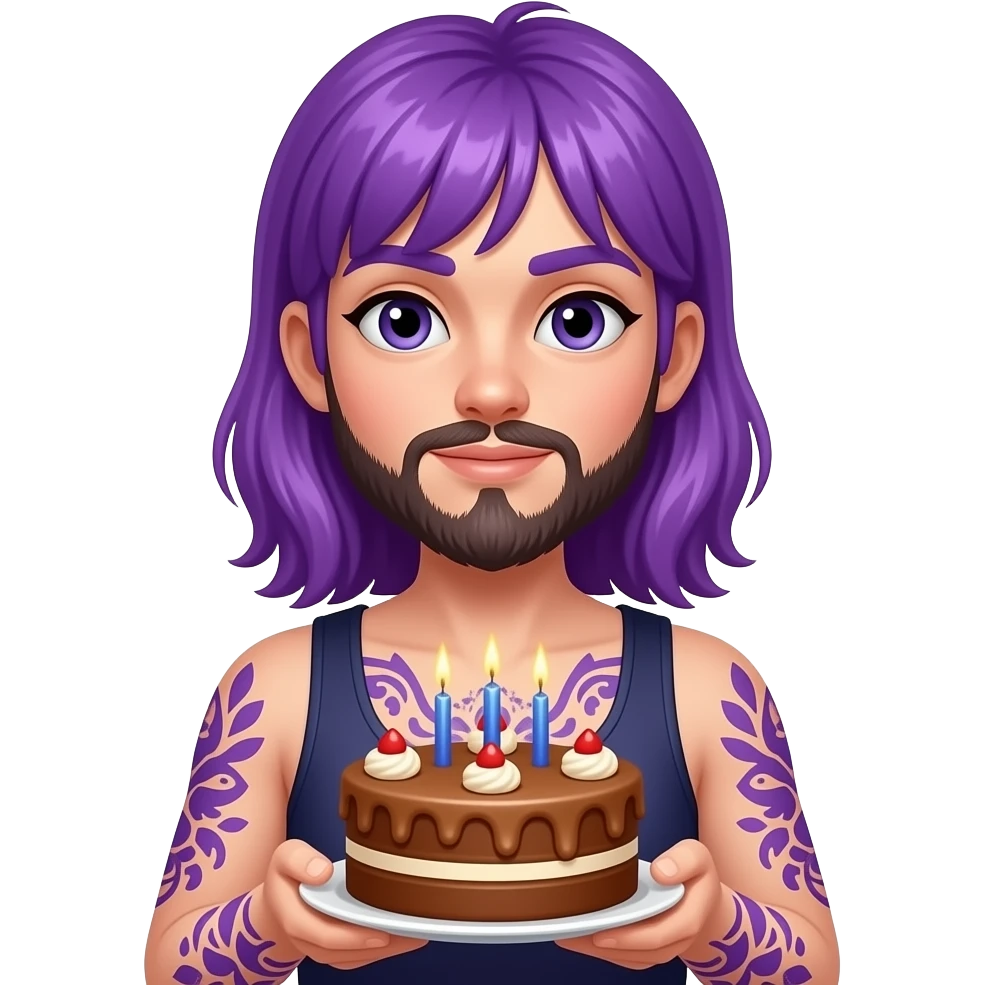 Purple haired girl  with purple tattoos with a beard with brown cake emoji