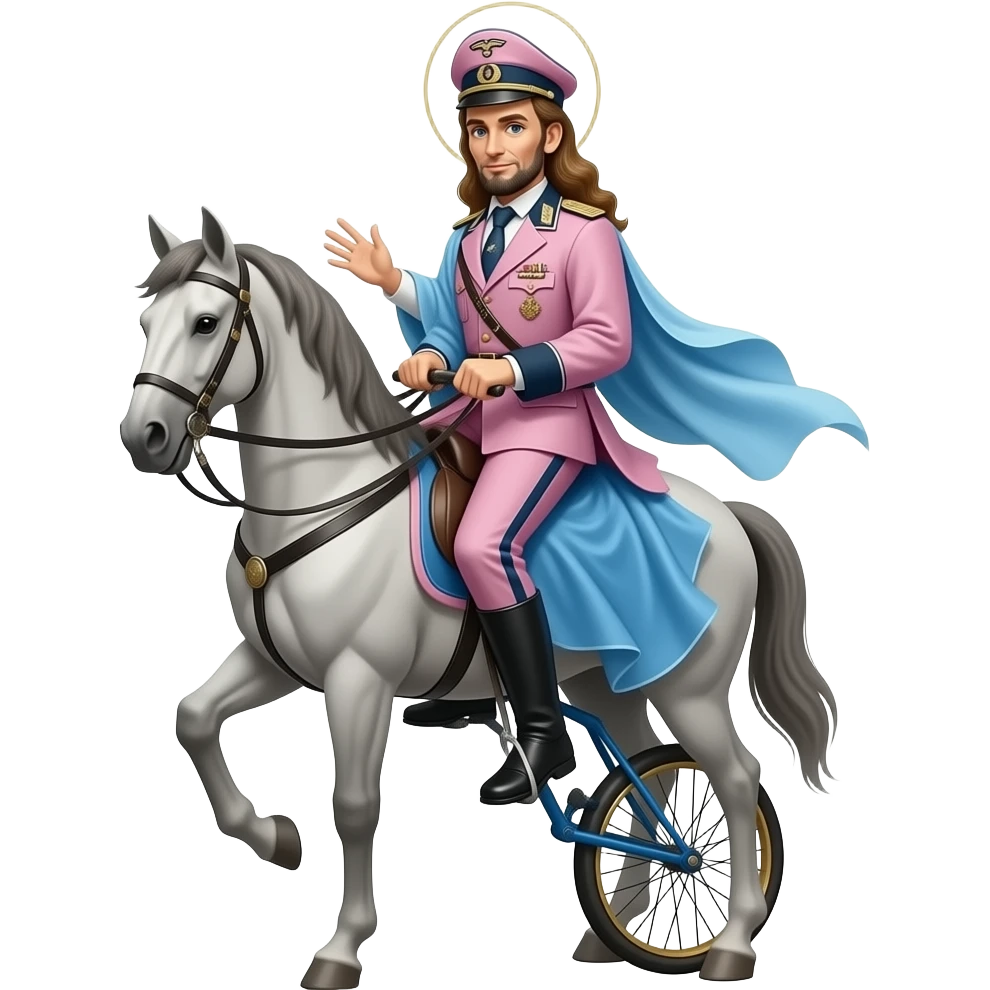 cinematic realistic - Abraham Lincoln in a pink German World War II uniform rides elegant Madonna on a unicykle emoji