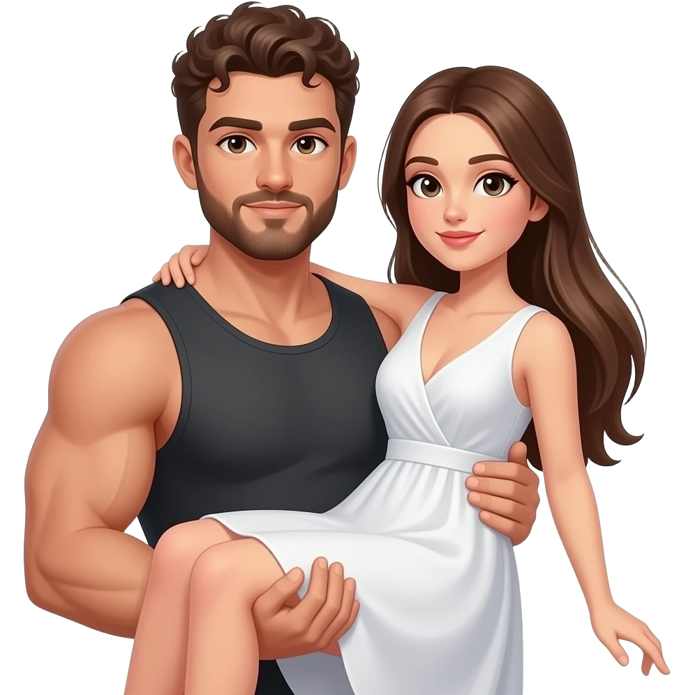 Realistic white skin brown short curly hair with beard muscular man carrying white skin long straight brown hair girlfriend wearing aesthetic dress HD emoji