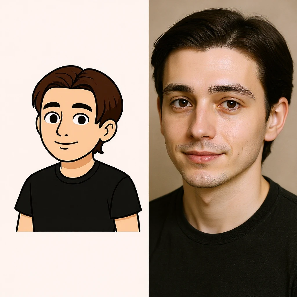 Create a smooth transitional animation between the two images, starting from a photorealistic portrait style and gradually shifting to a softly stylized, gentler lined, slightly cartoonish character while maintaining natural proportions. emoji