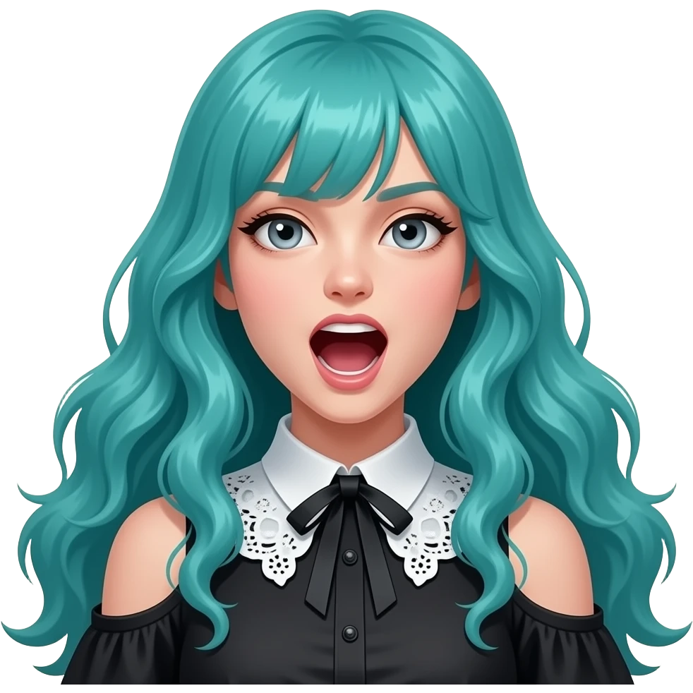 girl, yelling, long flowing teal hair, grey eyes, black shoulder cyberpunk blouse with fancy white collar emoji