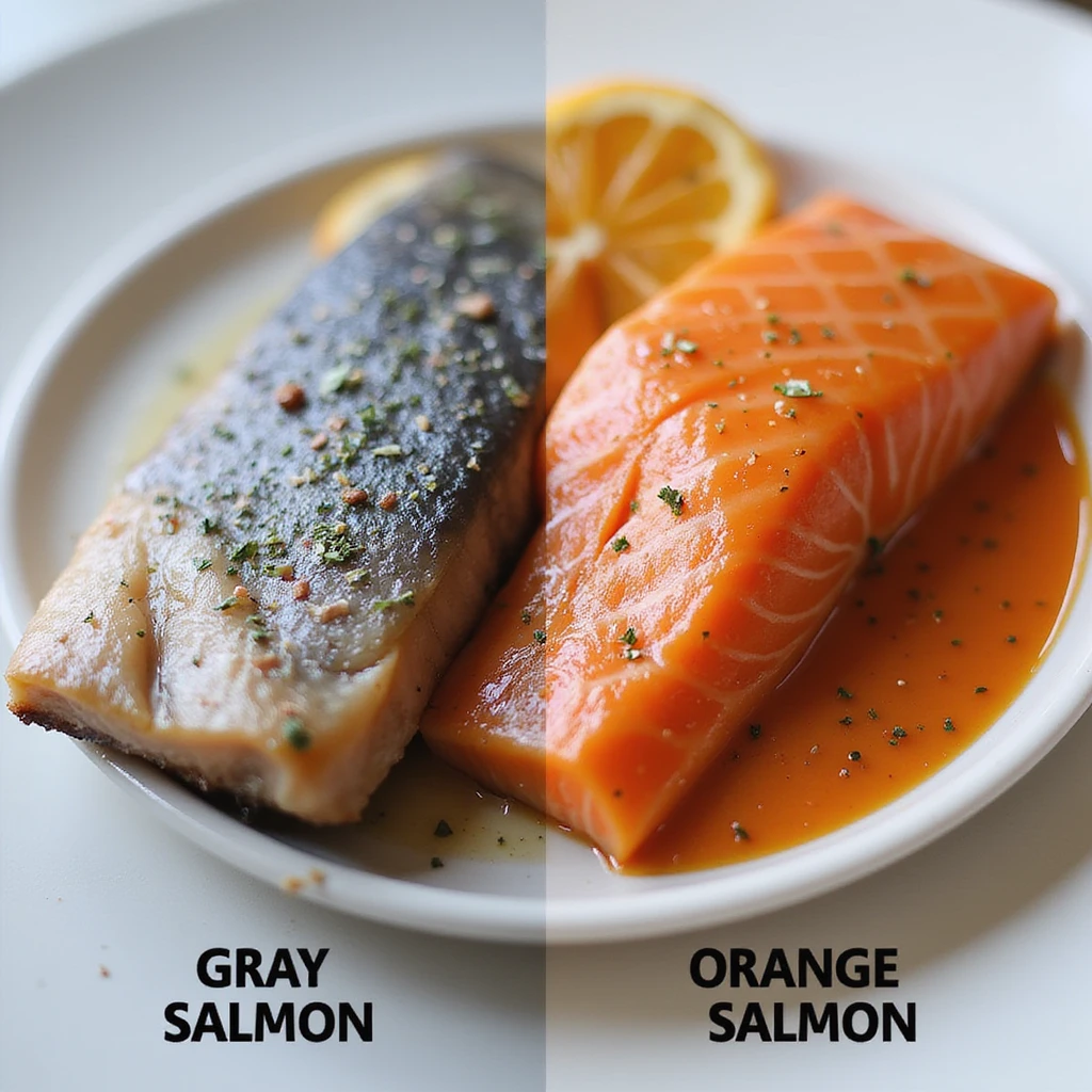 visual comparison infographic style: half image with gray salmon fillet, half with orange salmon fillet, captions 'Gray Salmon' and 'Orange Salmon', realistic style, 4K resolution emoji