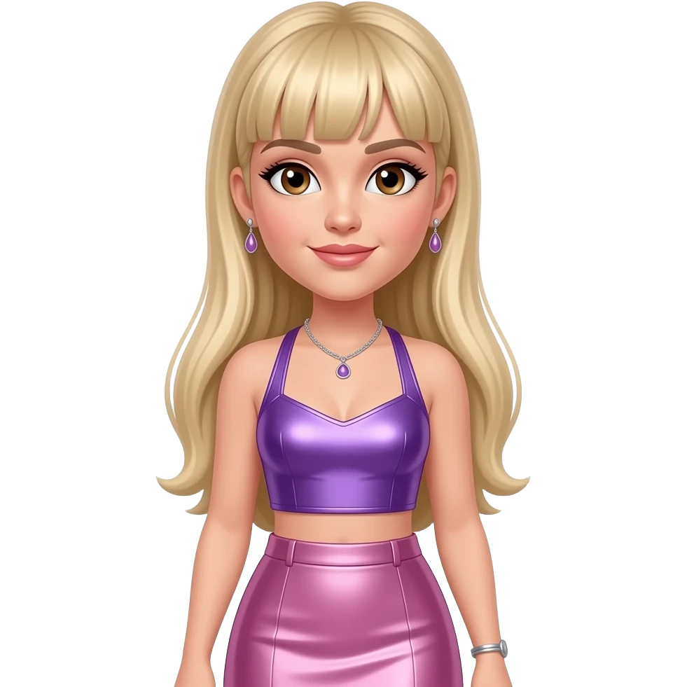 Ashley Roberts with brown eyes, long blonde straight bang hair, purple metallic halter crop top, pink metallic long skirt, necklace and earrings emoji