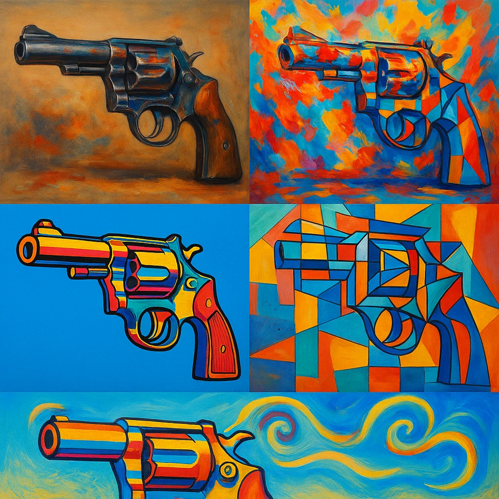 gun, various artistic styles, different interpretations emoji