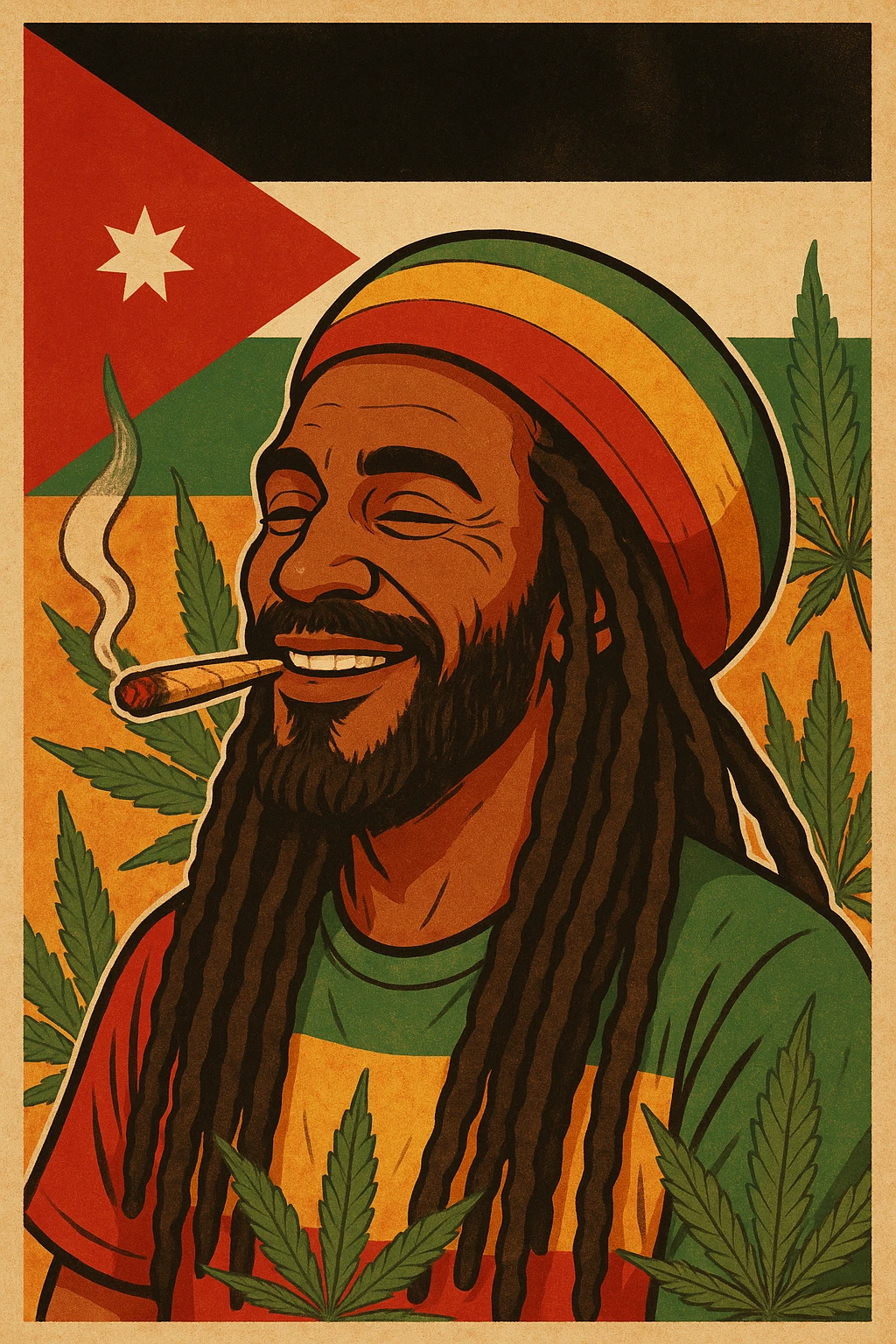 A digital vintage-style poster illustration of a Jordanian Rasta man with dreadlocks, wearing a red, yellow, green striped tam hat. He is smiling peacefully with a lit herbal spliff in his mouth. The background features the official Jordan flag — black, white, green horizontal stripes with a red triangle and a white 7-point star — accurately displayed behind him. Cannabis leaves are tastefully arranged around the composition, and the poster includes Rasta color textures blended with the Jordanian palette. Use a retro poster style with warm, slightly aged textures, bold outlines, and soft shading to evoke a soulful reggae vibe that honors both Jordanian pride and Rasta spirit. The mood is chill, powerful, and respectful emoji