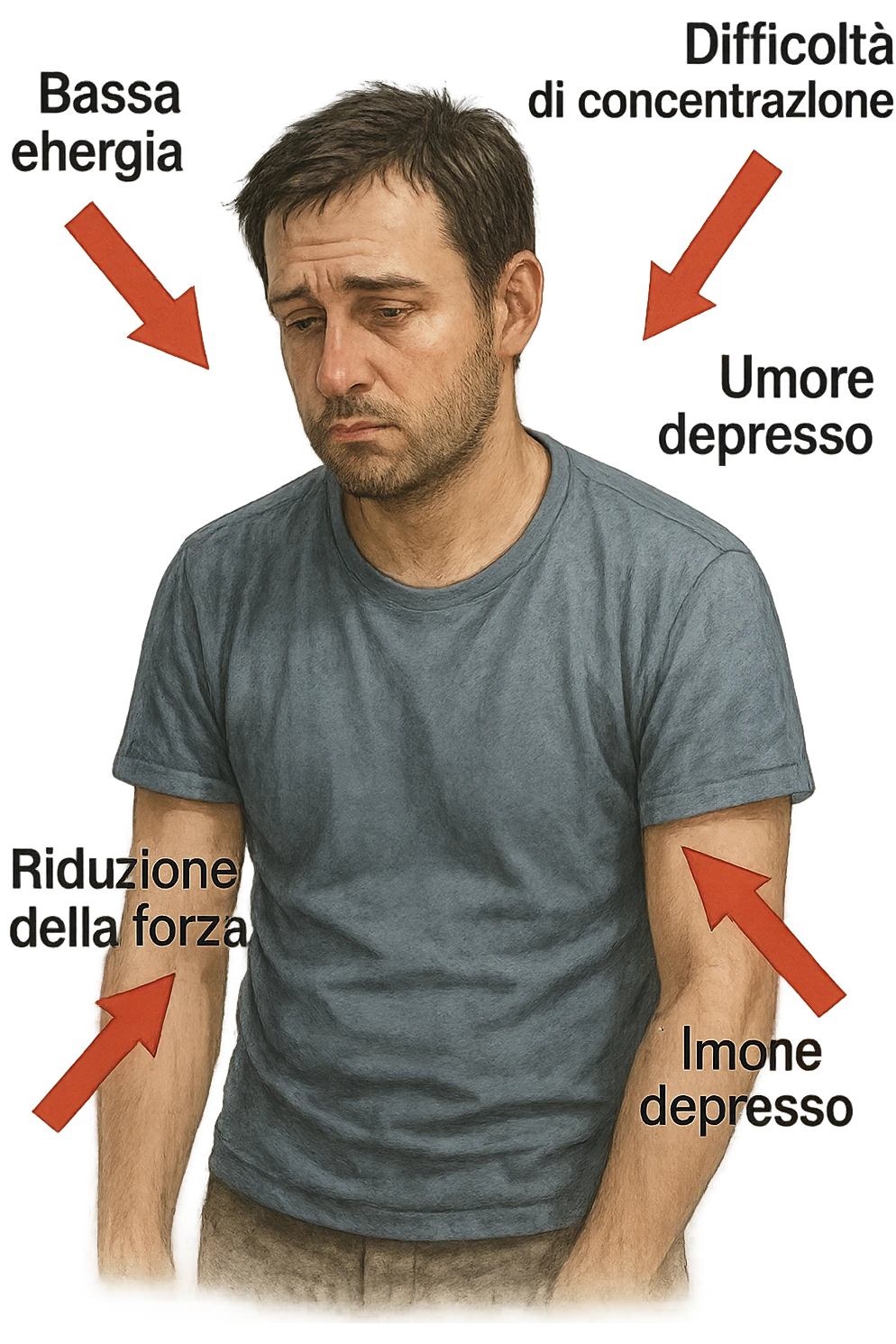 un uomo con espressione affaticata, circondato da frecce rosse che evidenziano sintomi di testosterone basso. Le frecce sono accompagnate da scritte in italiano come “Bassa energia”, “Difficoltà di concentrazione”, “Umore depresso”, “Riduzione della forza”. L’ambiente è semplice, con colori neutri e dettagli realistici. emoji