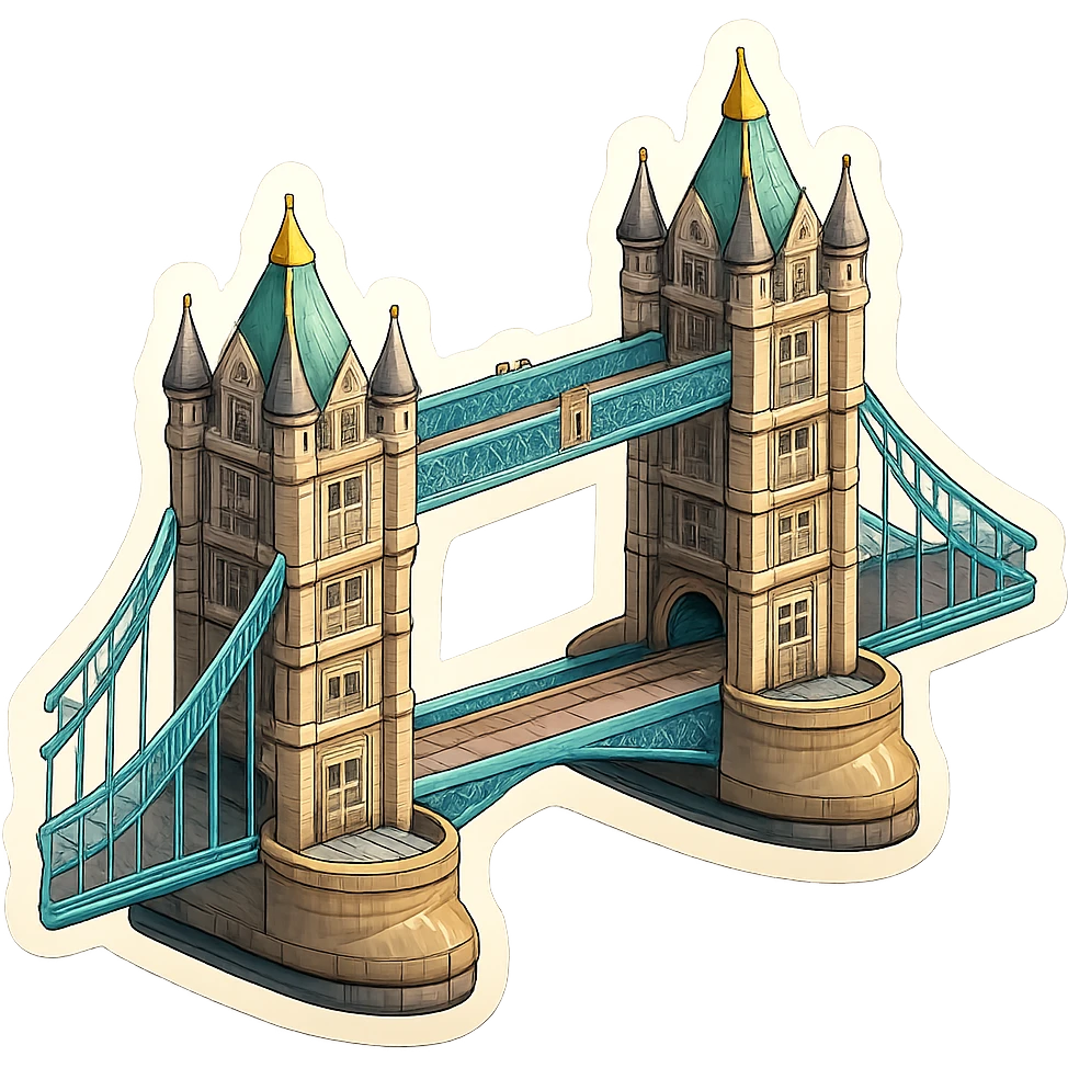 Isometric illustration of photorealistic Tower Bridge in London, detailed towers and suspension sections, subtle brick and metal textures, miniature style with soft shadows, transparent background. emoji