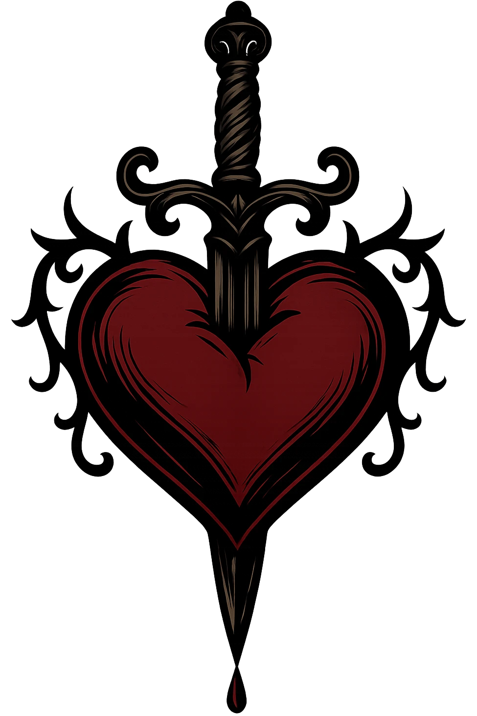 gothic style heart with a dagger through it, black and crimson colors, transparent background emoji