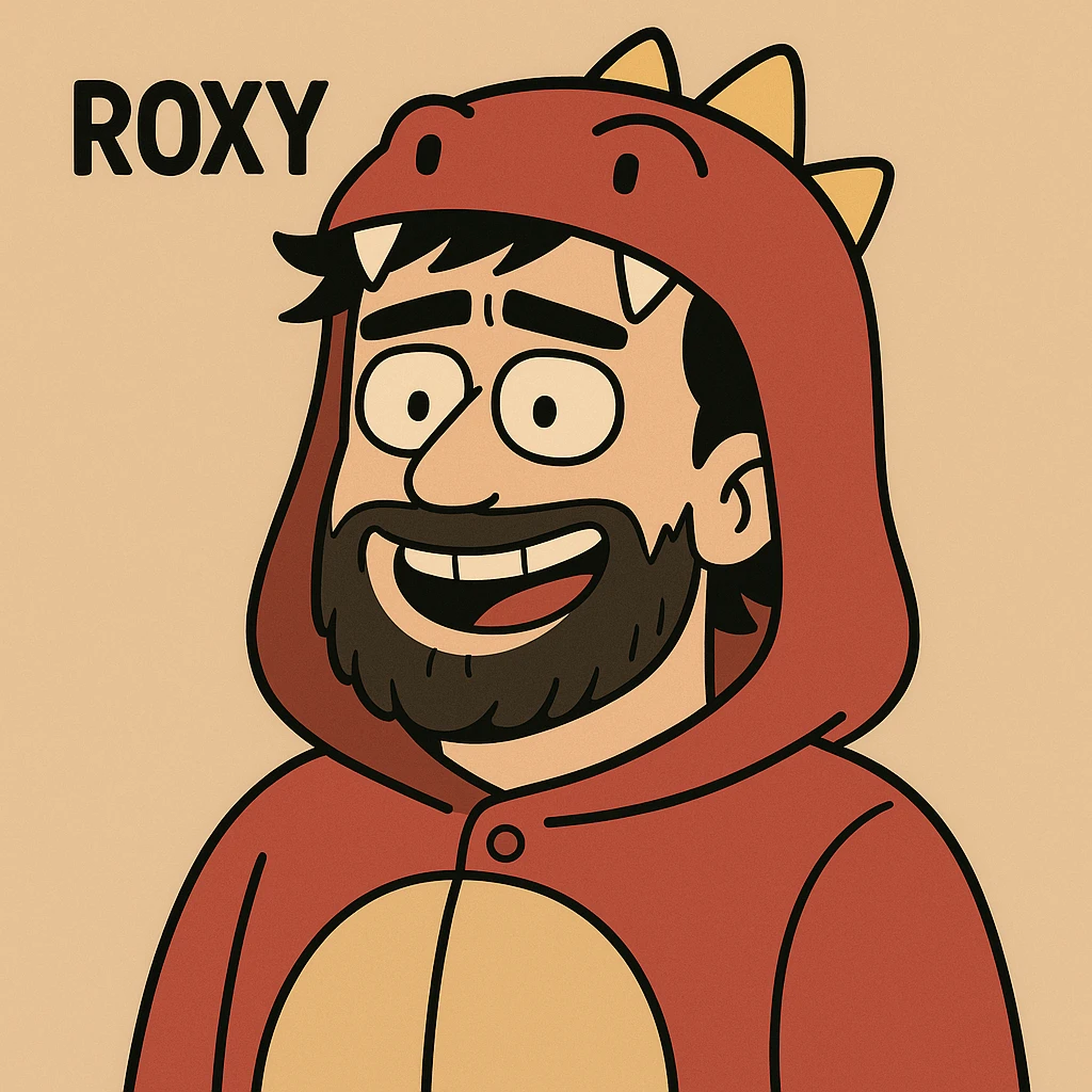 cartoon face of Roxy inspired by the reference image, red dinosaur onesie hood, dark hair, beard emoji