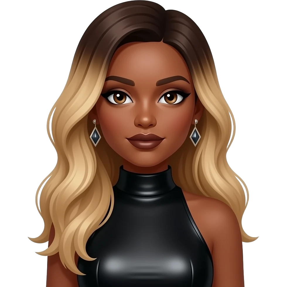 Ydal from Glamour with dark skin, dark brown eyes, long blonde hair with brown ombre, black eyeshadow, dark brown lipstick, black metallic high neck dress, earrings emoji