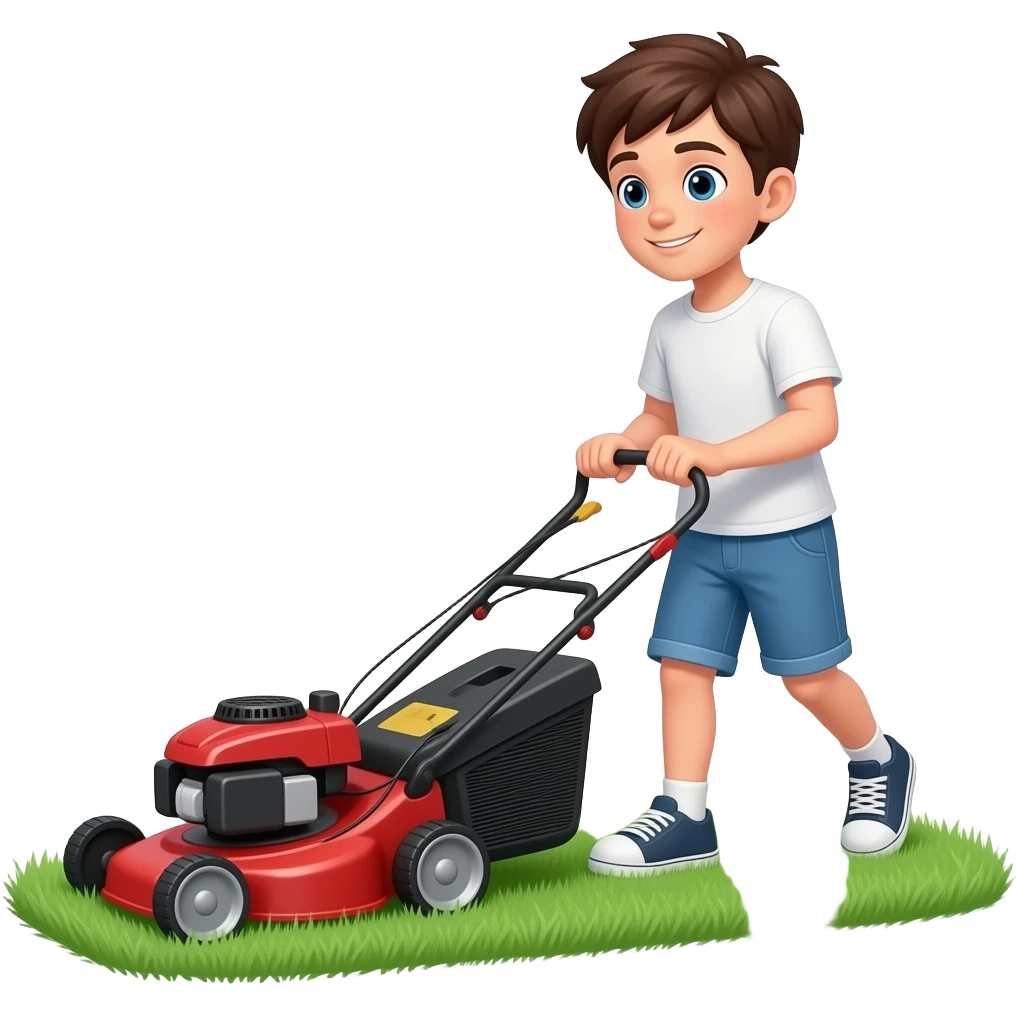 gen Z boy mowing the lawn with a lawn mower emoji