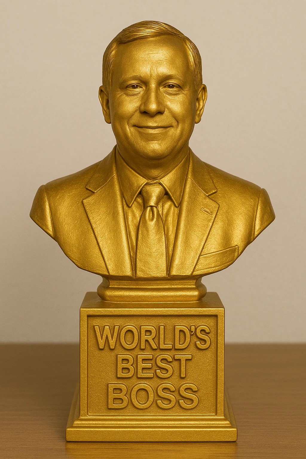 Сгенерируй мне такую же сувенирную статуэтку, только с лицом человека которого я прикрепил. Статуэтка должна быть полностью из такого же золота  emoji