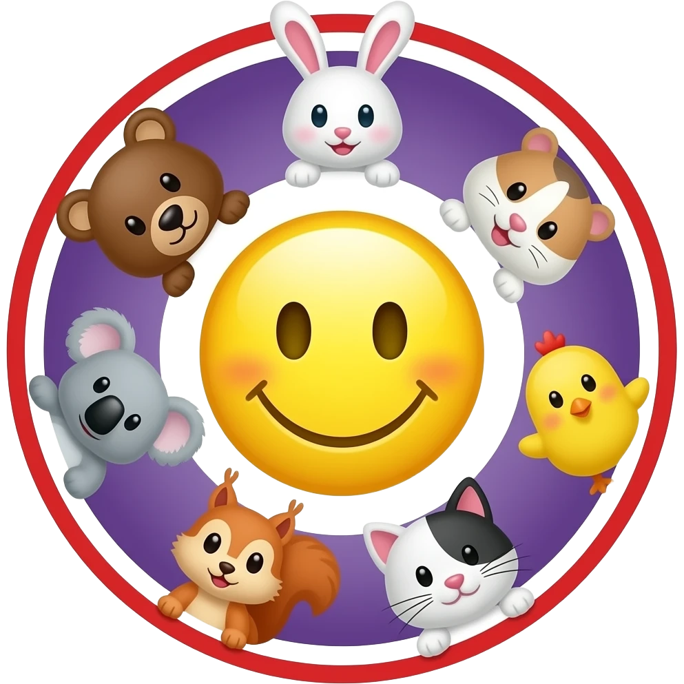 emoji yellow smiley in the center,serounded in a circle  with 🐻🐰🐹🐨🐥🐿 🐈 purple and white background with red circle line emoji