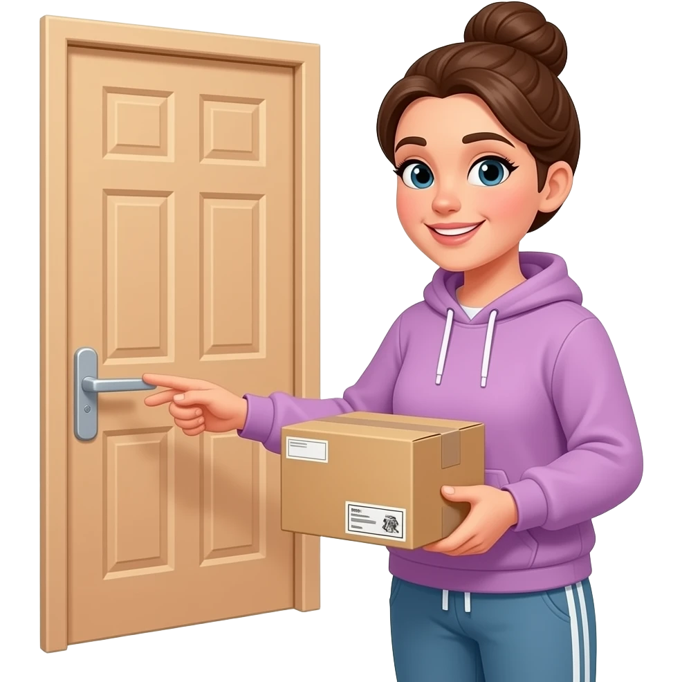 pretty woman in a sweatshirt, sweat pants and a bun opening a door to pick up her package emoji