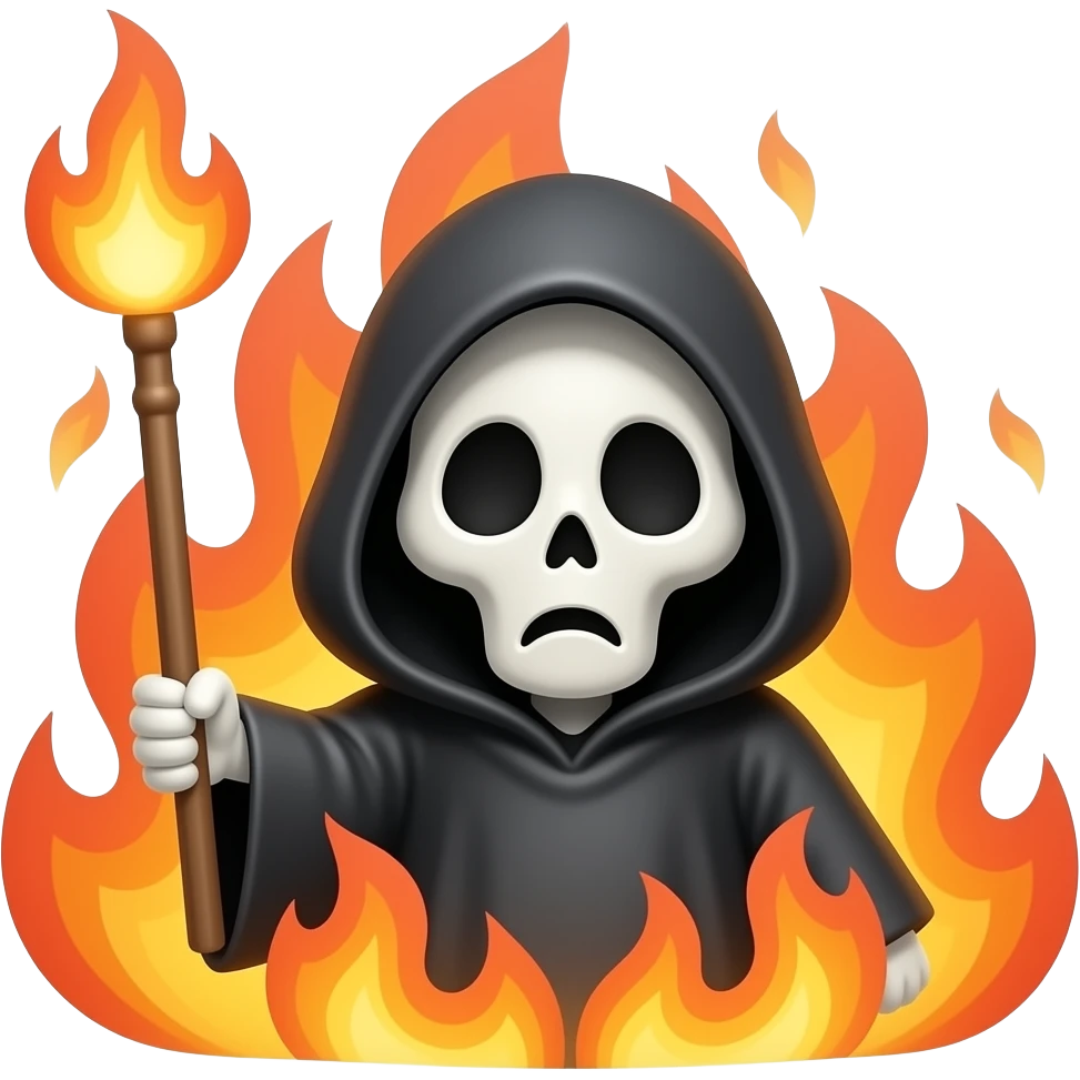 Cute funny grim reaper on fire saying this is fine emoji