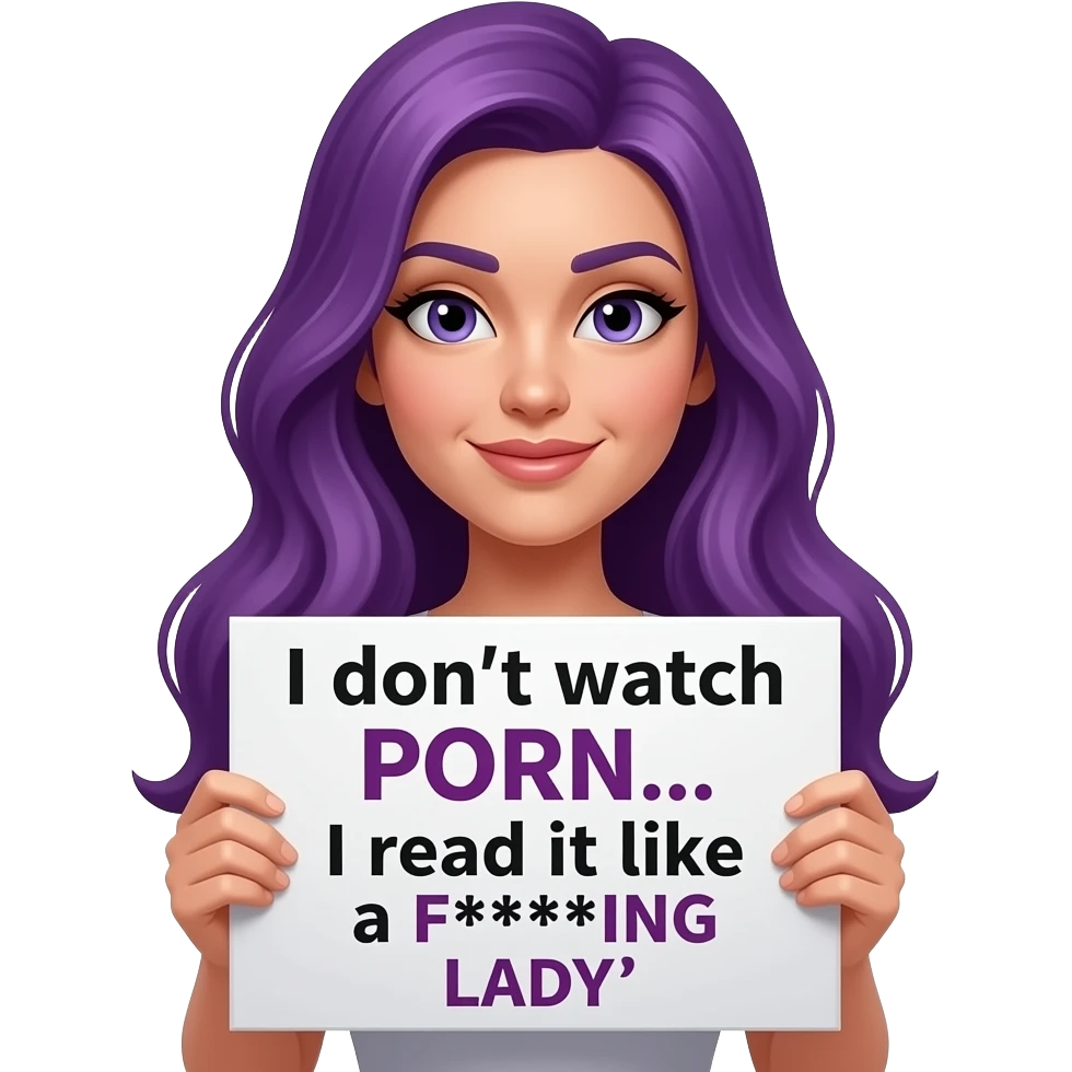 sexy girl with long purple hair holding a I don't watch PORN... I read it like a F***ING LADY sign emoji