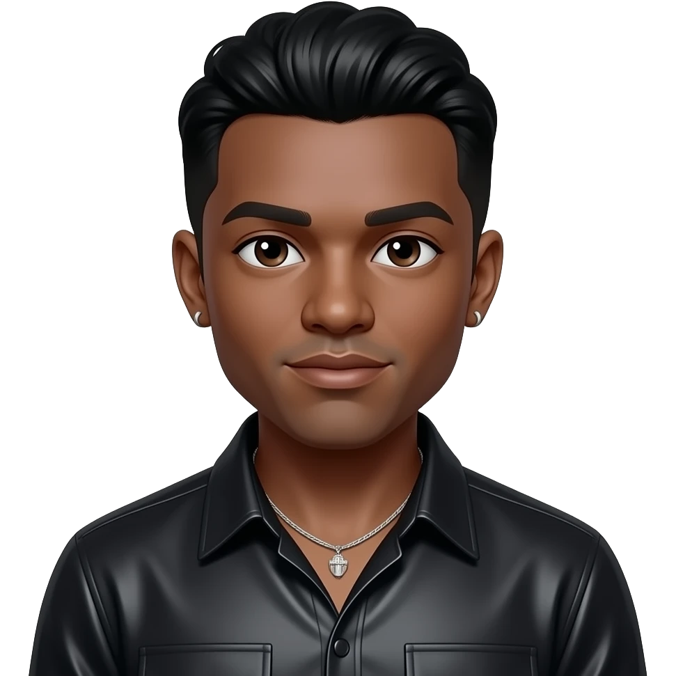 Teddy Riley with dark brown eyes, black hair, black metallic shirt, silver necklace and short earrings emoji