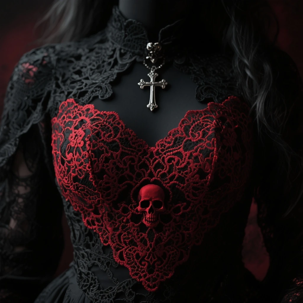 goth heart, black and deep red, ornate lace, subtle skull or cross motif, moody atmosphere emoji