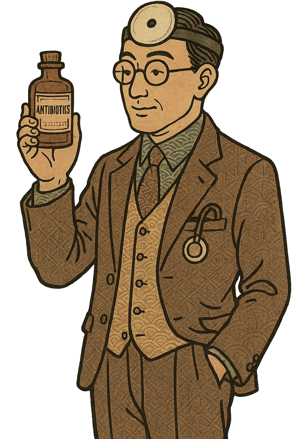 A 1920s doctor standing with a bottle of antibiotics emoji