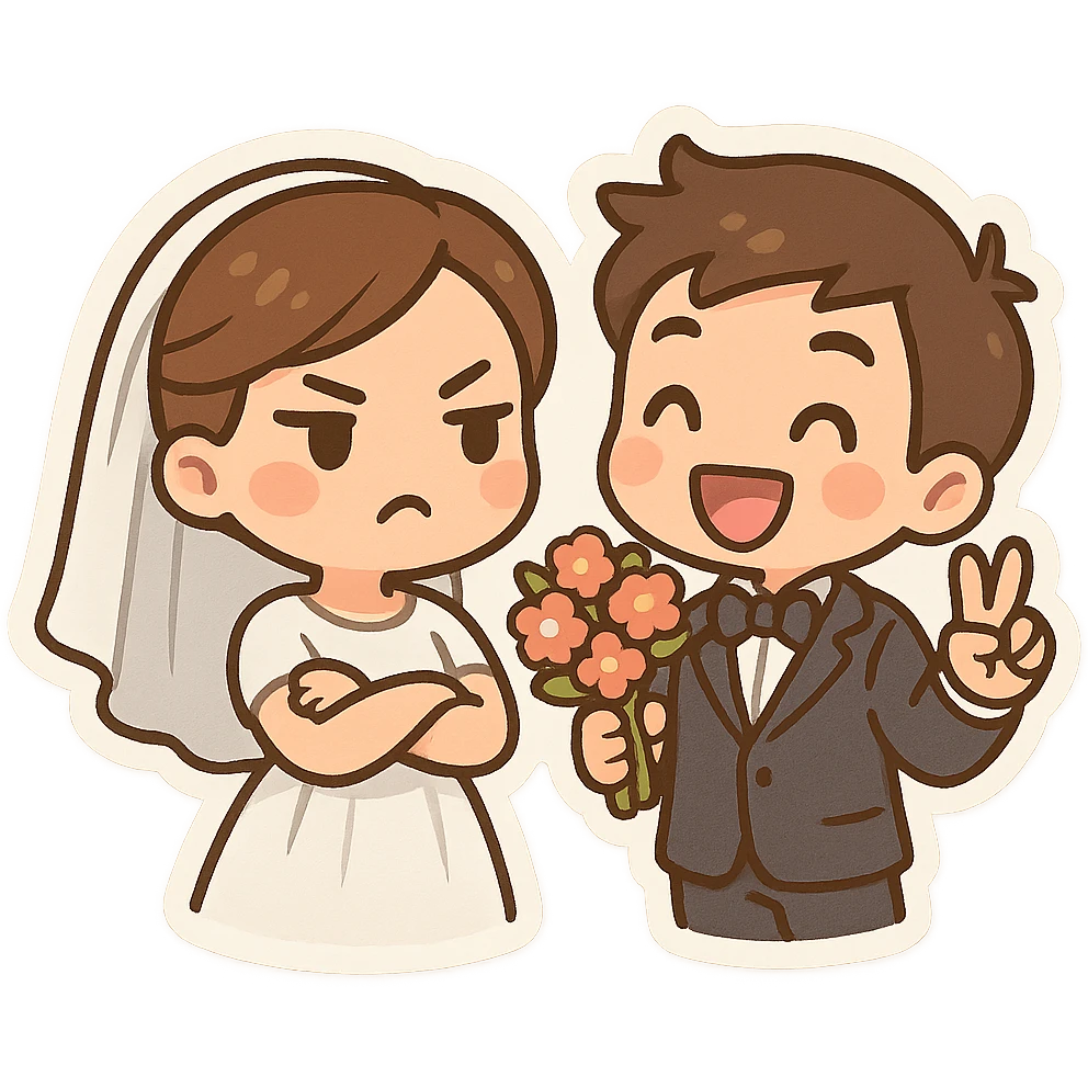 bride with arms crossed and groom holding a peace offering bouquet, both with funny expressions, playful and cute for engagement stickers emoji