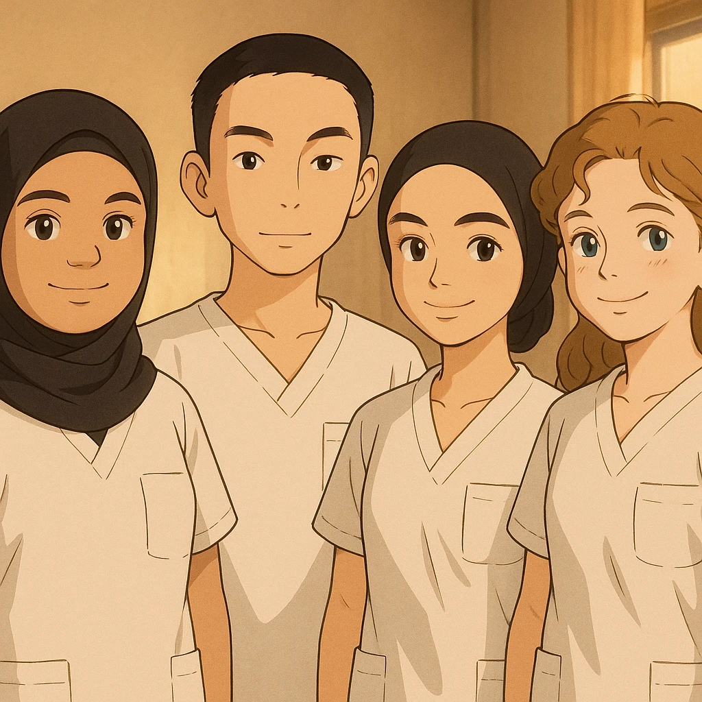 Quatre étudiants infirmiers côte à côte, ambiance chaleureuse, en intérieur, style Ghibli, tenues uniformes blanches à manches courtes sans col, sans sous-pull ni stéthoscopes. Hauts de type tunique médicale, col en V, poche poitrine côté gauche. Visages et attitudes inspirés des quatre photos jointes, composition différente. emoji