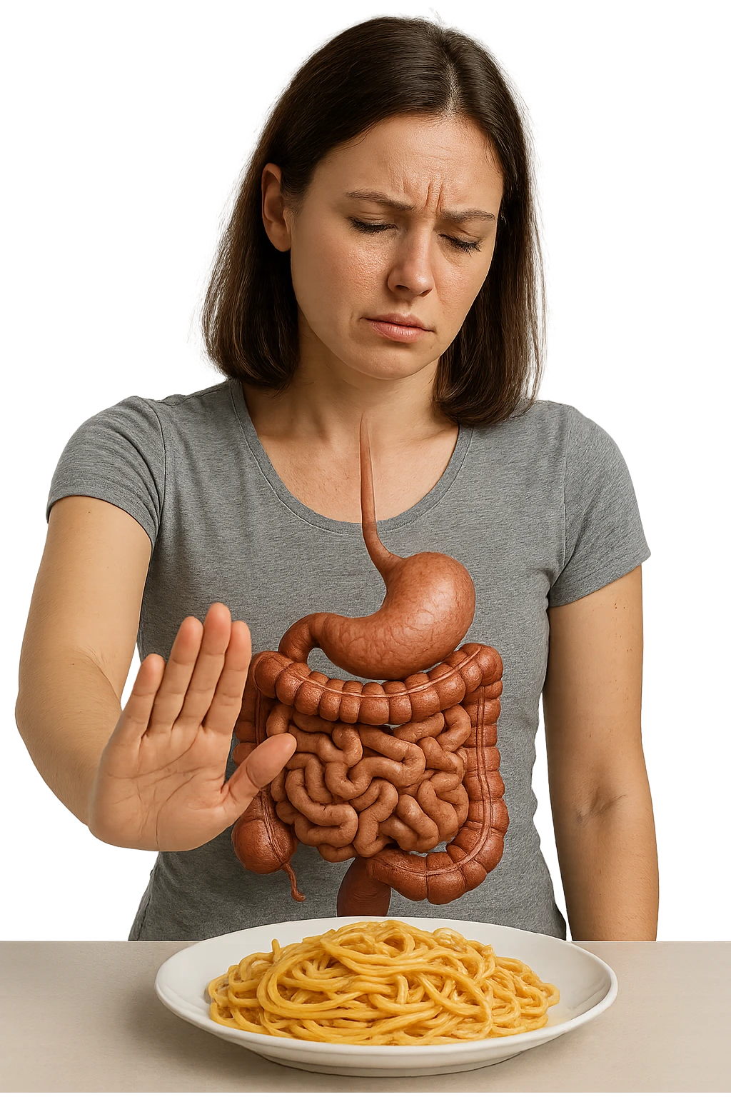DONNA CON INTESTINO REALISTICO IN EVIDENZA CHE ALLONTANA CON LA MANO UN PIATTO DI PASTA, IPERREALISTICA 4K emoji