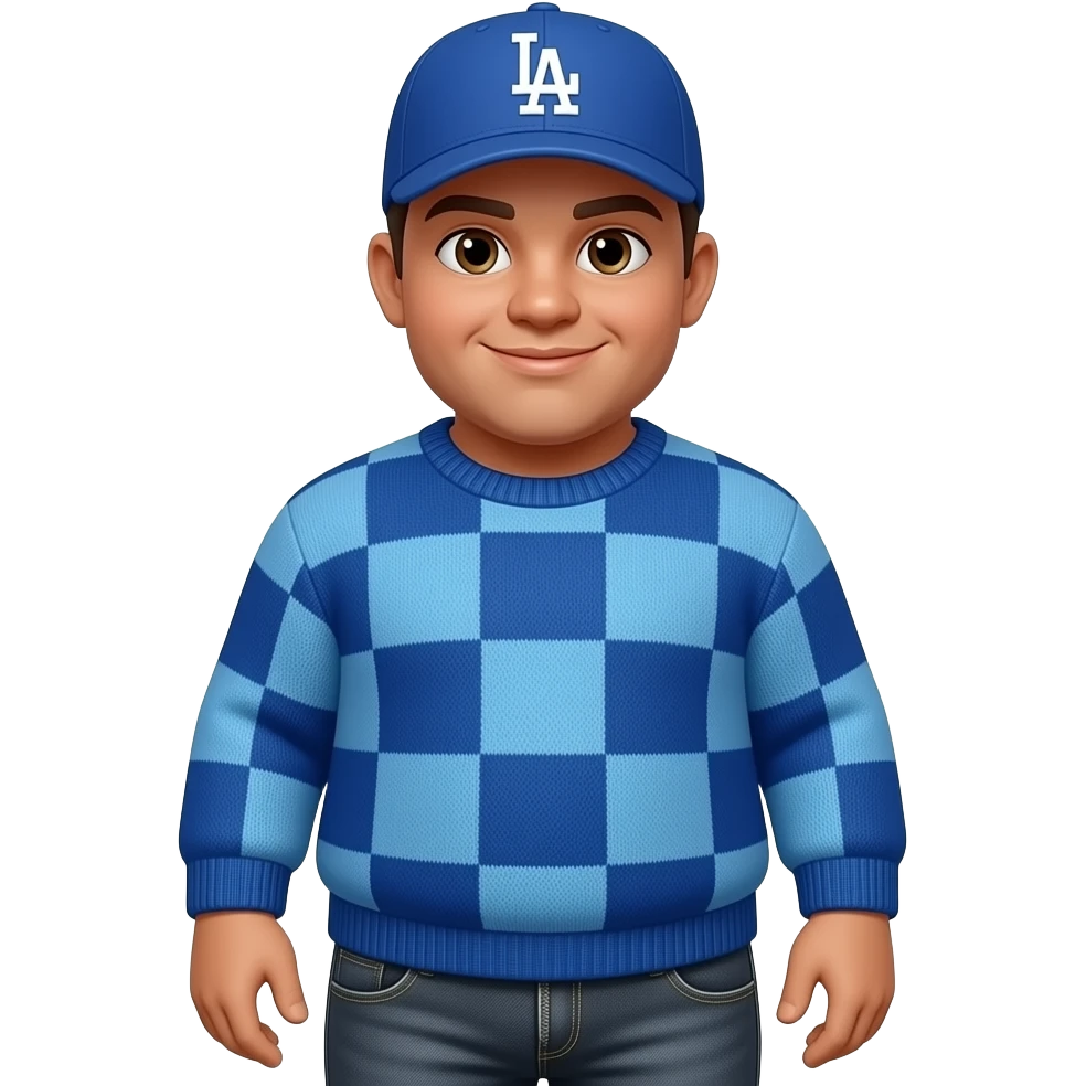 Slightly chubby with light carmel skin tone wearing a blue Los Angeles Dodgers logo baseball cap wearing a blue long sleeve sweater with big square patterns on it wearing grey jeans with side pant leg zipper pockets emoji