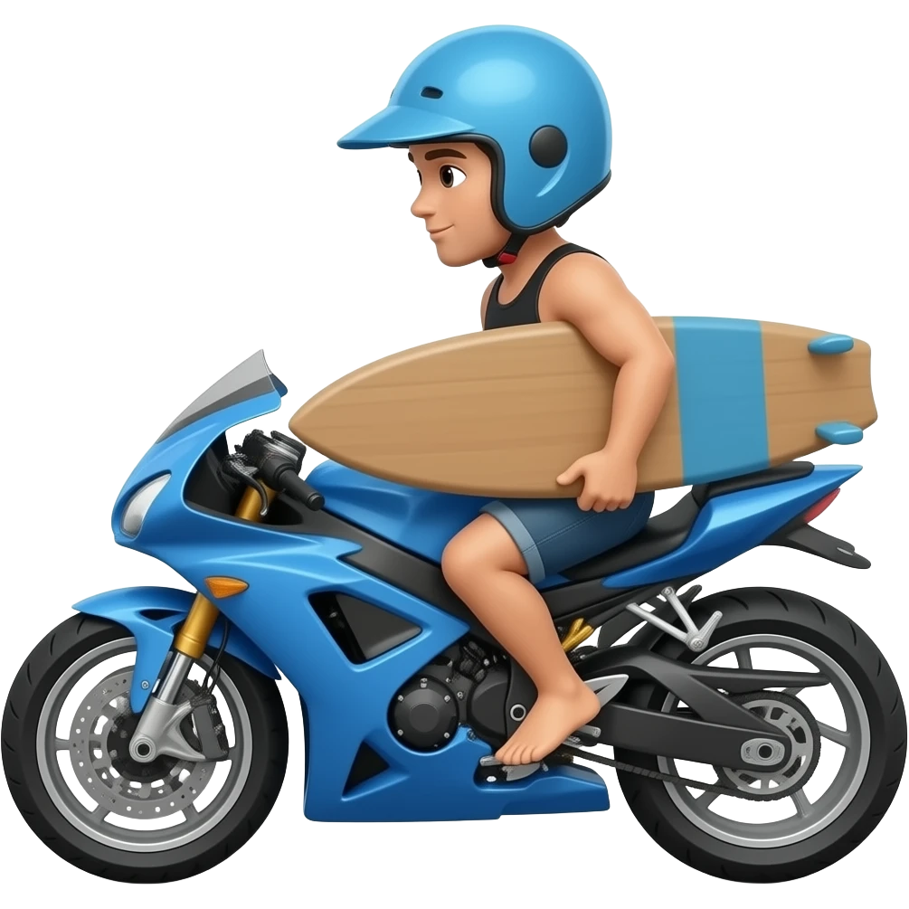Surfista na moto azul com capacete azul eprancha marrom emoji