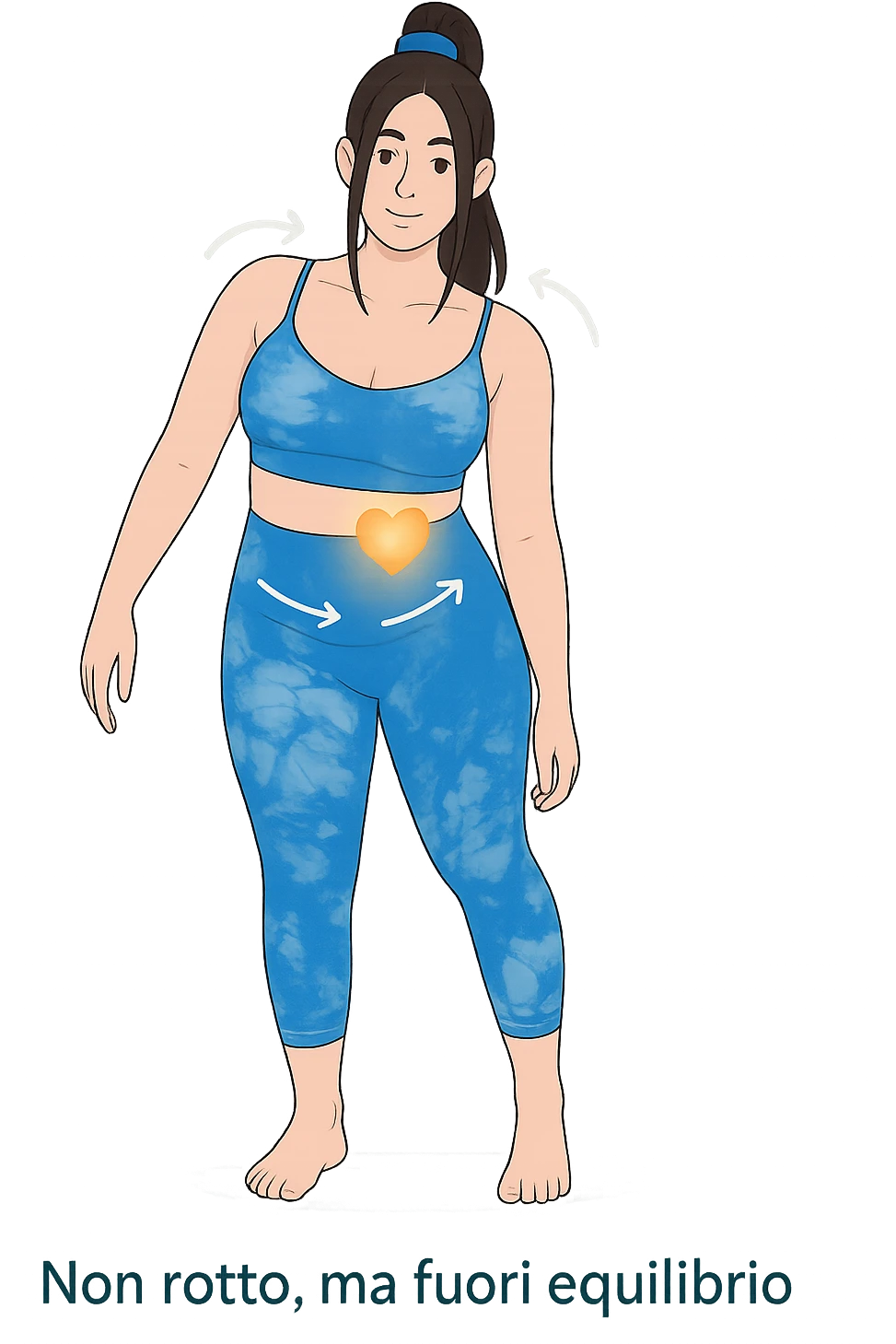a woman stands in a relaxed pose, with a gentle, confident expression. Her body is shown with subtle, curved lines or arrows indicating areas of imbalance (such as a slight tilt in the shoulders or hips), but no signs of injury or damage. A soft glow or heart symbol at her core emphasizes resilience and the message “Non rotto, ma fuori equilibrio” The background is clean and clinical, with light blue tones. emoji