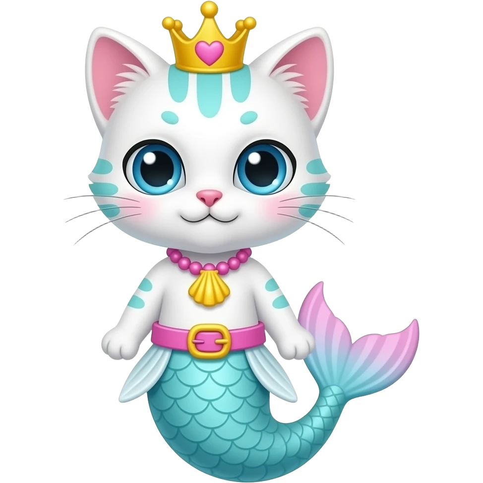 a white anthro cat with  light cyan markings  yellow crown with pink heart on top  blue eyes light cyan belly  pink necklace with yellow seashell pink blank belt attached to light  cyan mermaid tail with white details with pink fins named Kaiyo emoji