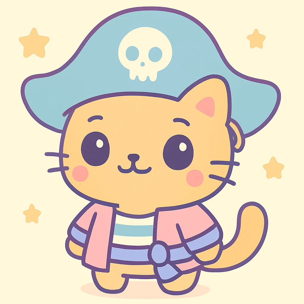 Male pirate cat in kawaii style with an oversized blue hat, cute face, orange fur, and a gold earring. emoji